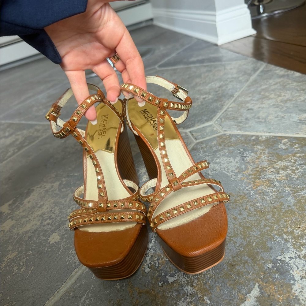 Michael Kors Tan Leather Studded Platform Sandals